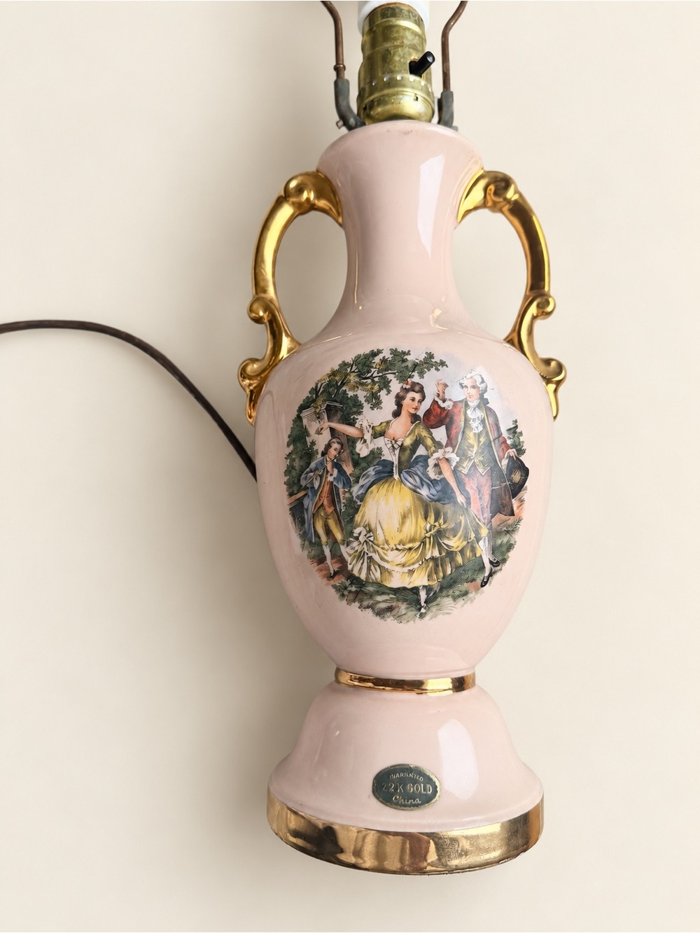 Pink Porcelain Urn Table Lamp with Gold Accents and Romantic Scene